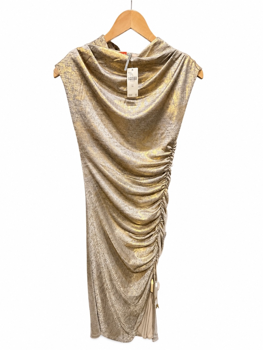 Anthropologie Gold Ruched Cowl-Neck Midi Dress